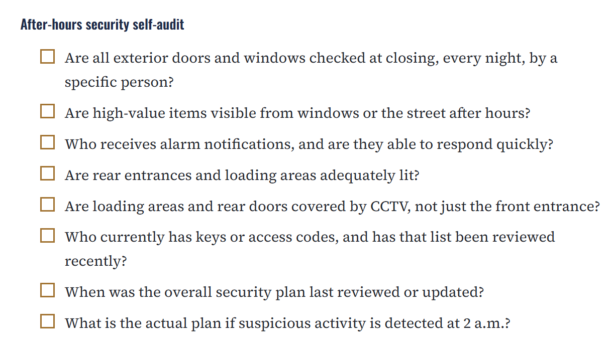 After-hours security checklist After-hours security checklist